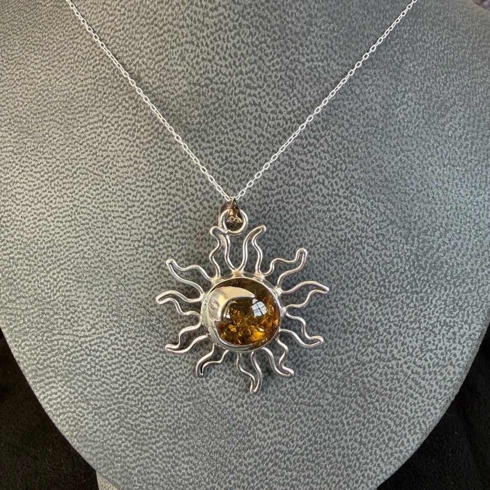 Sterling Silver and Baltic Amber Sun Eclipse Pendant Necklace